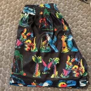 Black Mesh Shorts with Neon Tropical Print
